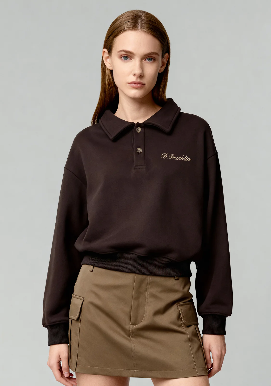 Cropped Polo Sweatshirt Brown - Image 2