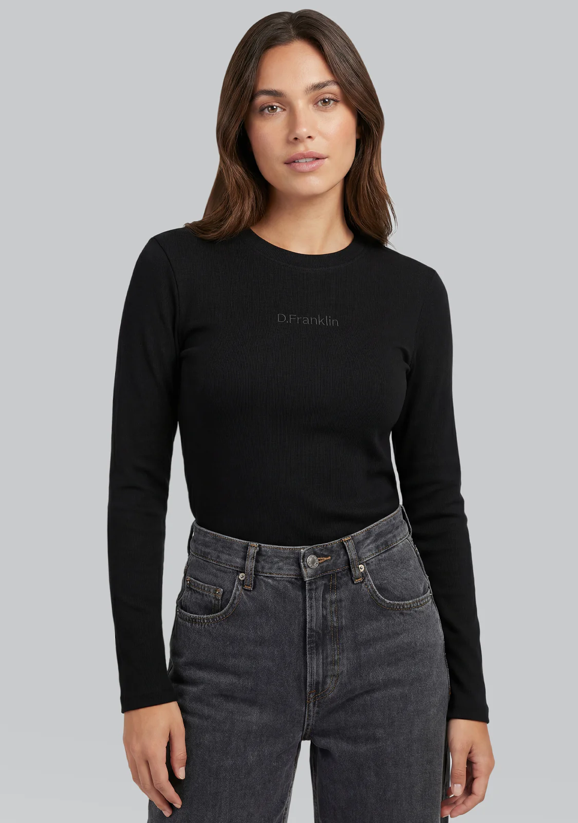 Rib Long Sleeve Top Black - Image 2