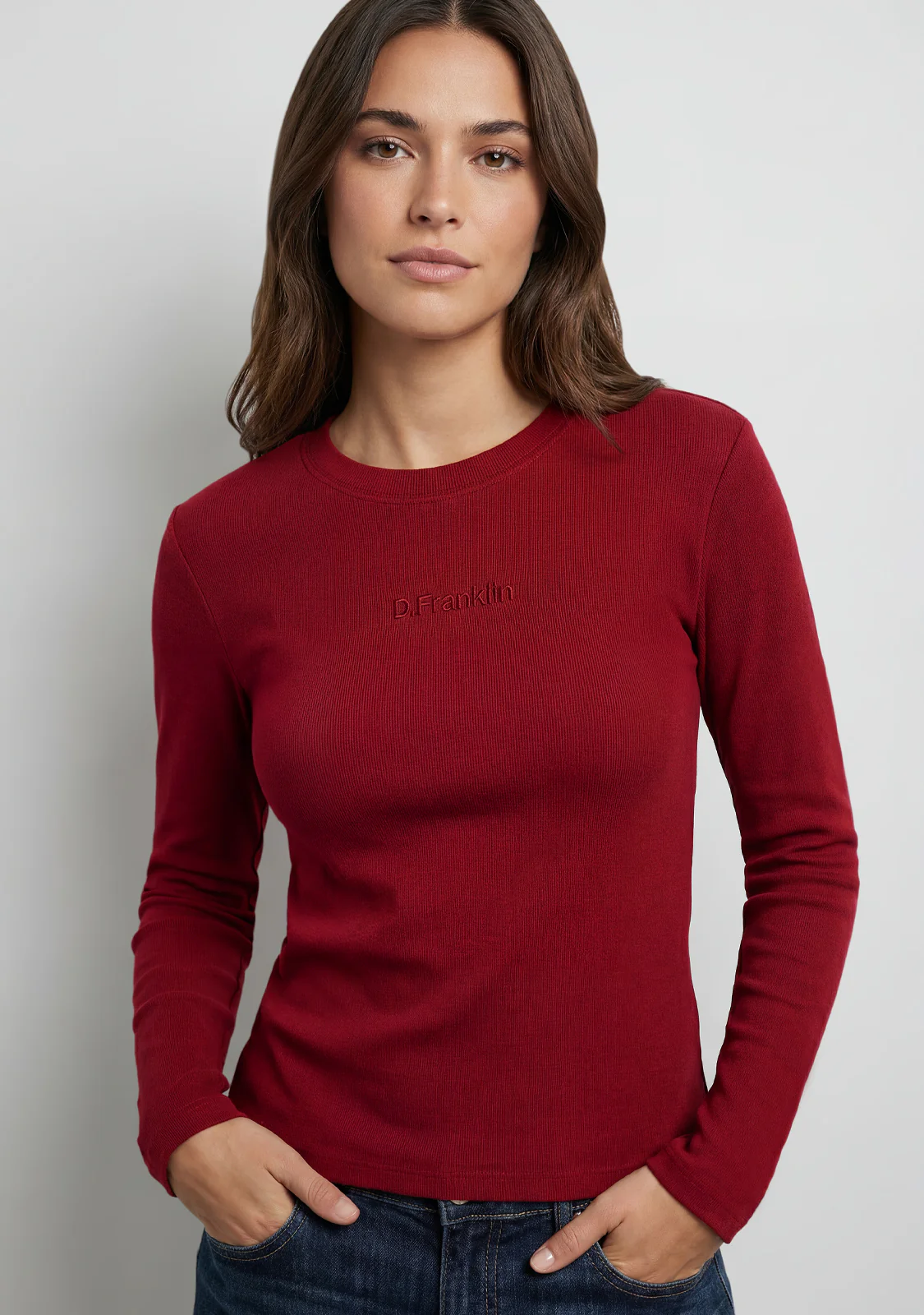 Rib Long Sleeve Top Burgundy - Image 2